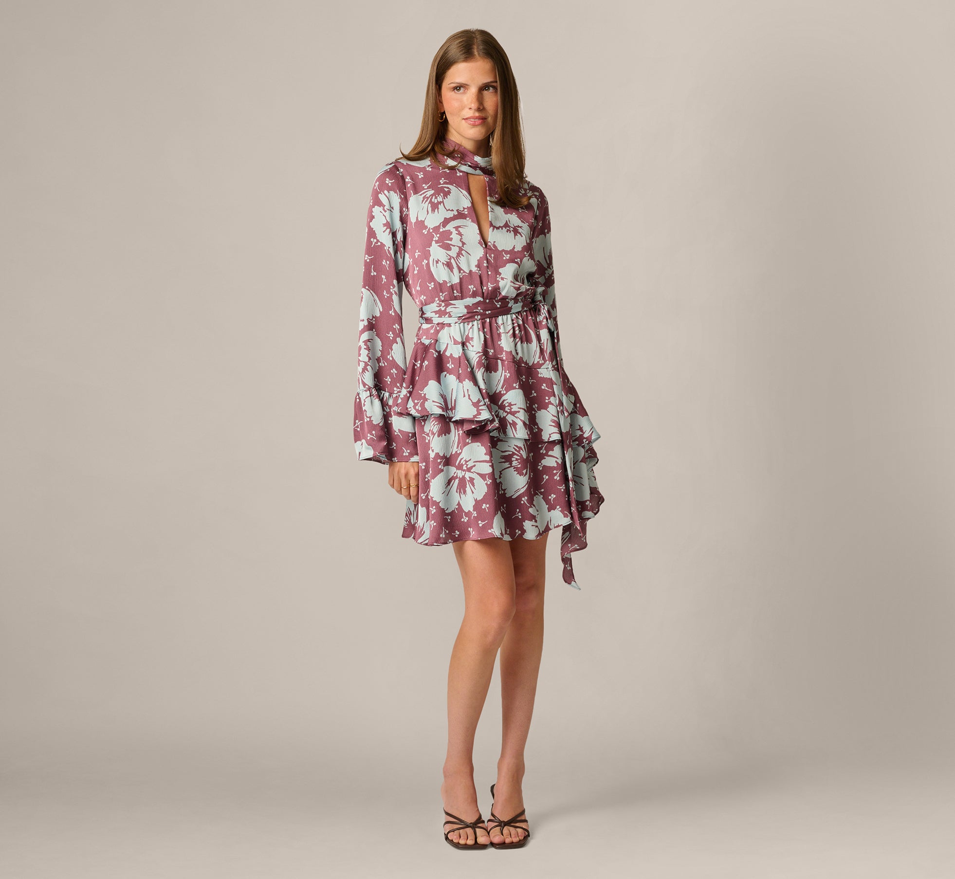 Long Sleeve Floral Crinkle Satin Keyhole Short Ruffle Dress In Sangria Blue 1