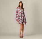 Long Sleeve Floral Crinkle Satin Keyhole Short Ruffle Dress In Sangria Blue 1
