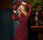 Lantern Sleeve Stretch Lace Blouson Short Dress In Burgundy 1