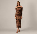 Long Sleeve Off Shoulder Chrysanthemum Floral Velvet Burnout Dress In Chocolate 2