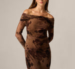 Long Sleeve Off Shoulder Chrysanthemum Floral Velvet Burnout Dress In Chocolate 3