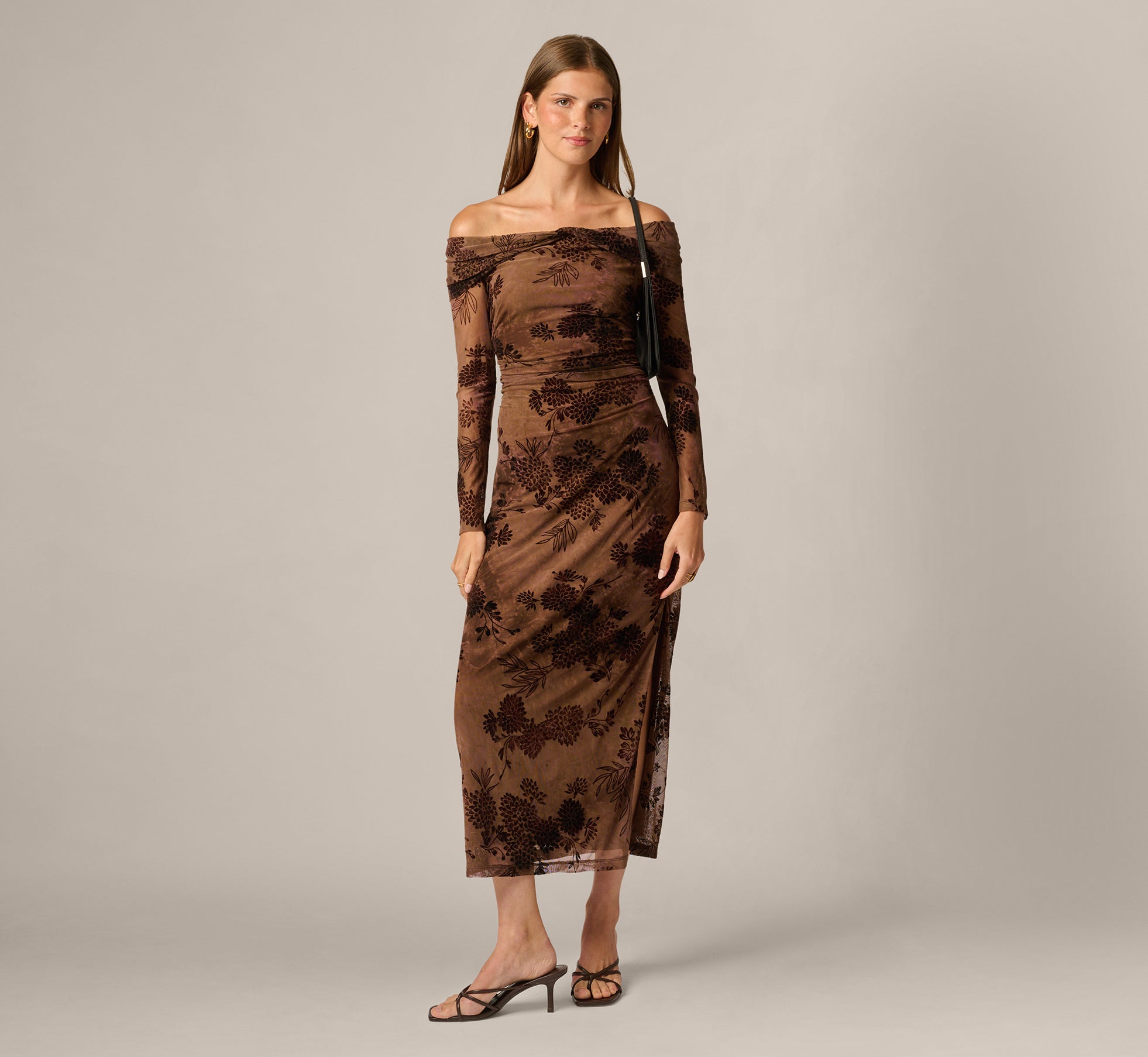 Long Sleeve Off Shoulder Chrysanthemum Floral Velvet Burnout Dress In Chocolate 1