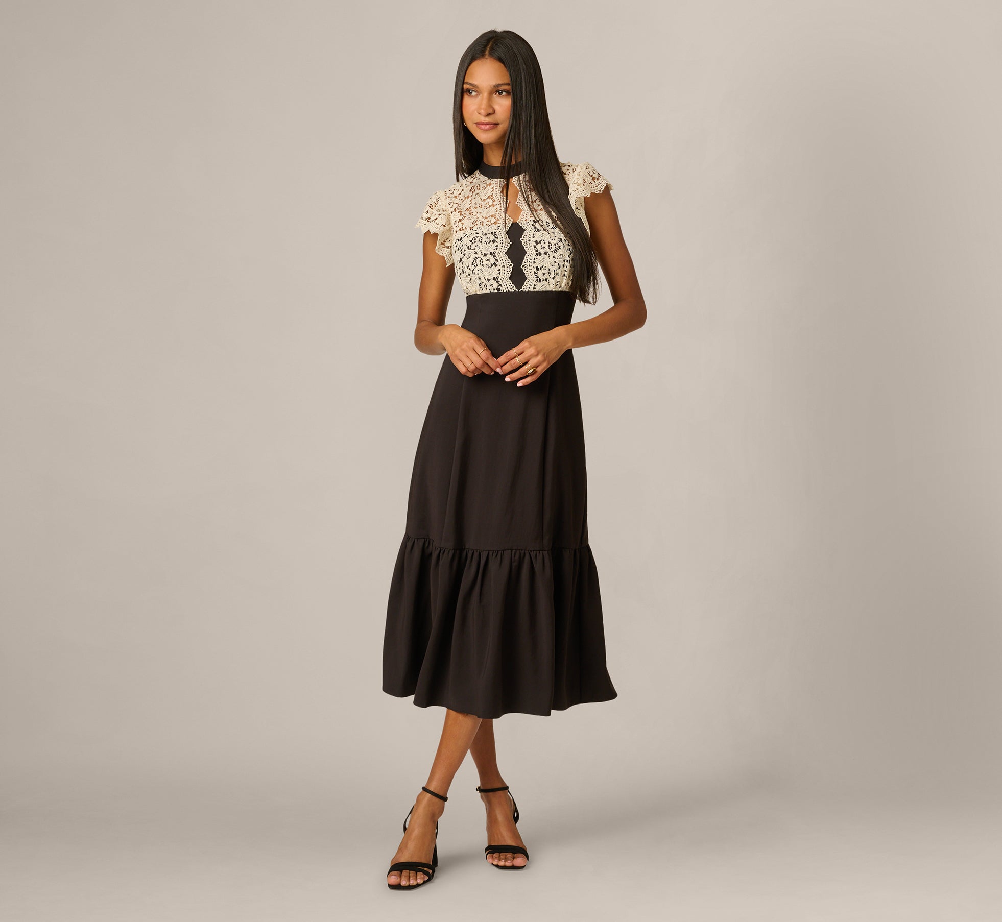Flutter Sleeve Lace Ruffle Hem Combo Dress In Black Ivory 1