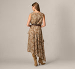 Crinkle Satin Medallion Print Asymmetrical Ruffle Dress In Teak Multi 5
