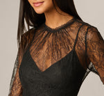 Long Sleeve Satin Lace Ankle Length Combo Dress In Black 3