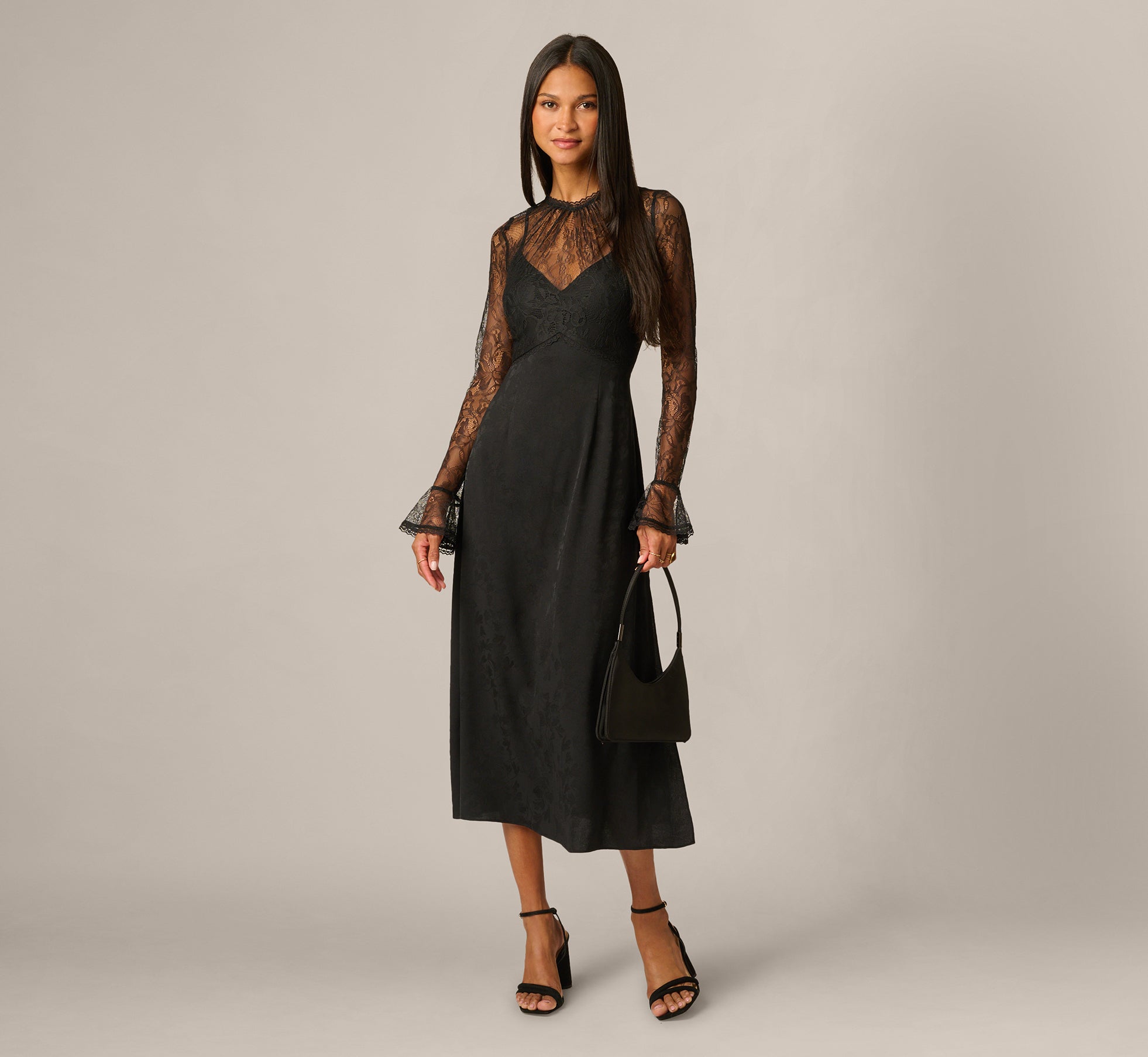 Long Sleeve Satin Lace Ankle Length Combo Dress In Black 1