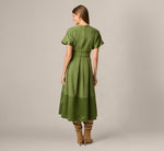 Short Sleeve Pleated Bow Waist Sueded Satin Midi Dress In Olive 5