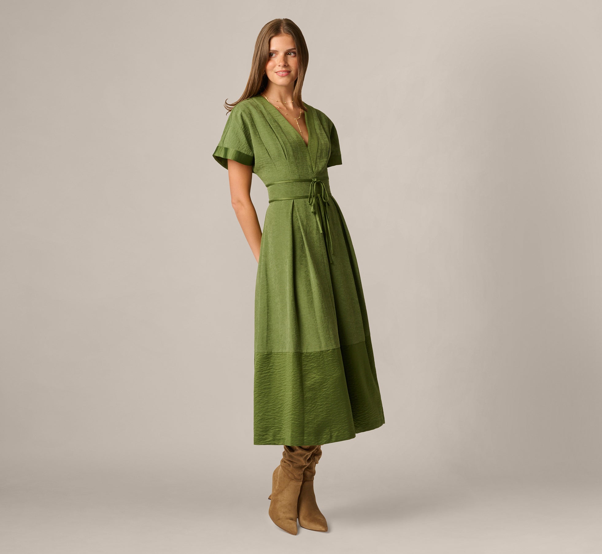 adrianna papell green dress vintage Dark Short Sleeve Pleated Bow Waist Sueded Satin Midi 226