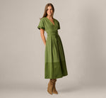 Short Sleeve Pleated Bow Waist Sueded Satin Midi Dress In Olive 2