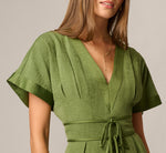 Short Sleeve Pleated Bow Waist Sueded Satin Midi Dress In Olive 3