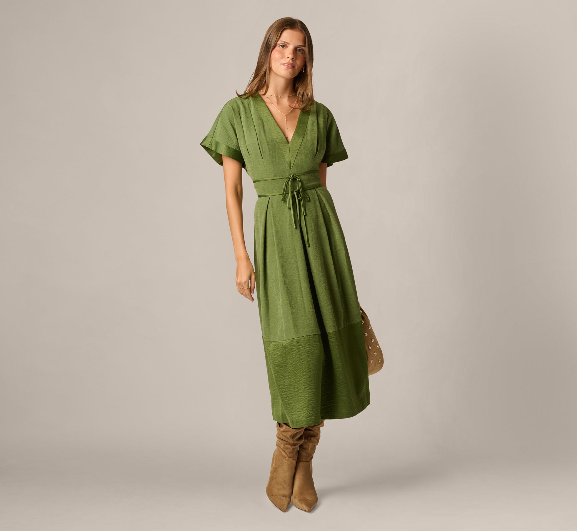 Short Sleeve Pleated Bow Waist Sueded Satin Midi Dress In Olive 1