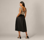 Off Shoulder Chevron Cotton Combo Midi Dress In Black Ecru 5