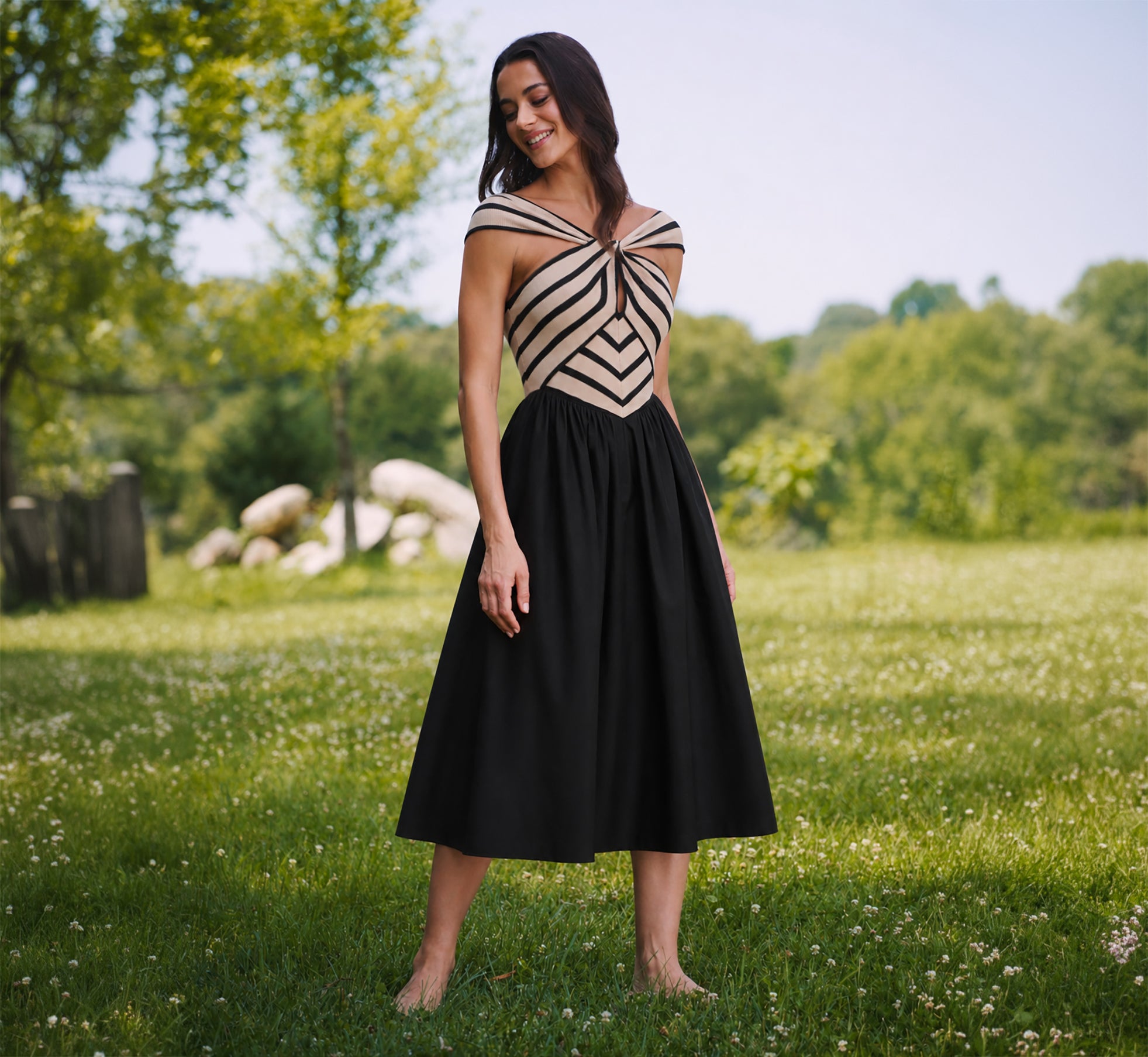 Off Shoulder Chevron Cotton Combo Midi Dress In Black Ecru 1