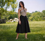 Off Shoulder Chevron Cotton Combo Midi Dress In Black Ecru 1