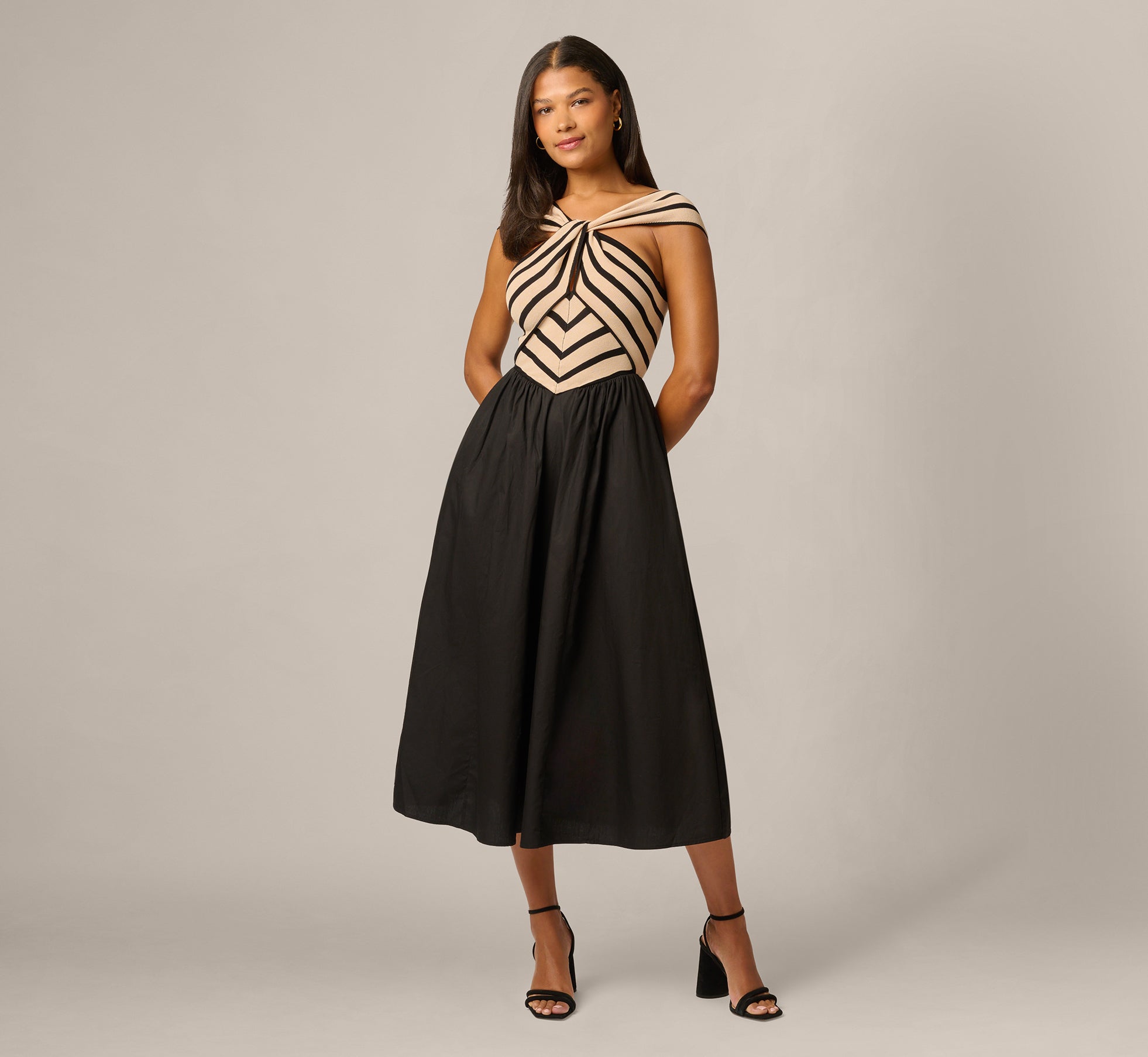 Black Off Shoulder Chevron Cotton Combo Midi Dress - Adrianna Papell