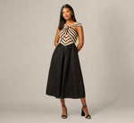 Off Shoulder Chevron Cotton Combo Midi Dress In Black Ecru 2