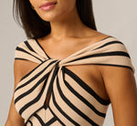 Off Shoulder Chevron Cotton Combo Midi Dress In Black Ecru 3