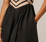 Off Shoulder Chevron Cotton Combo Midi Dress In Black Ecru 4