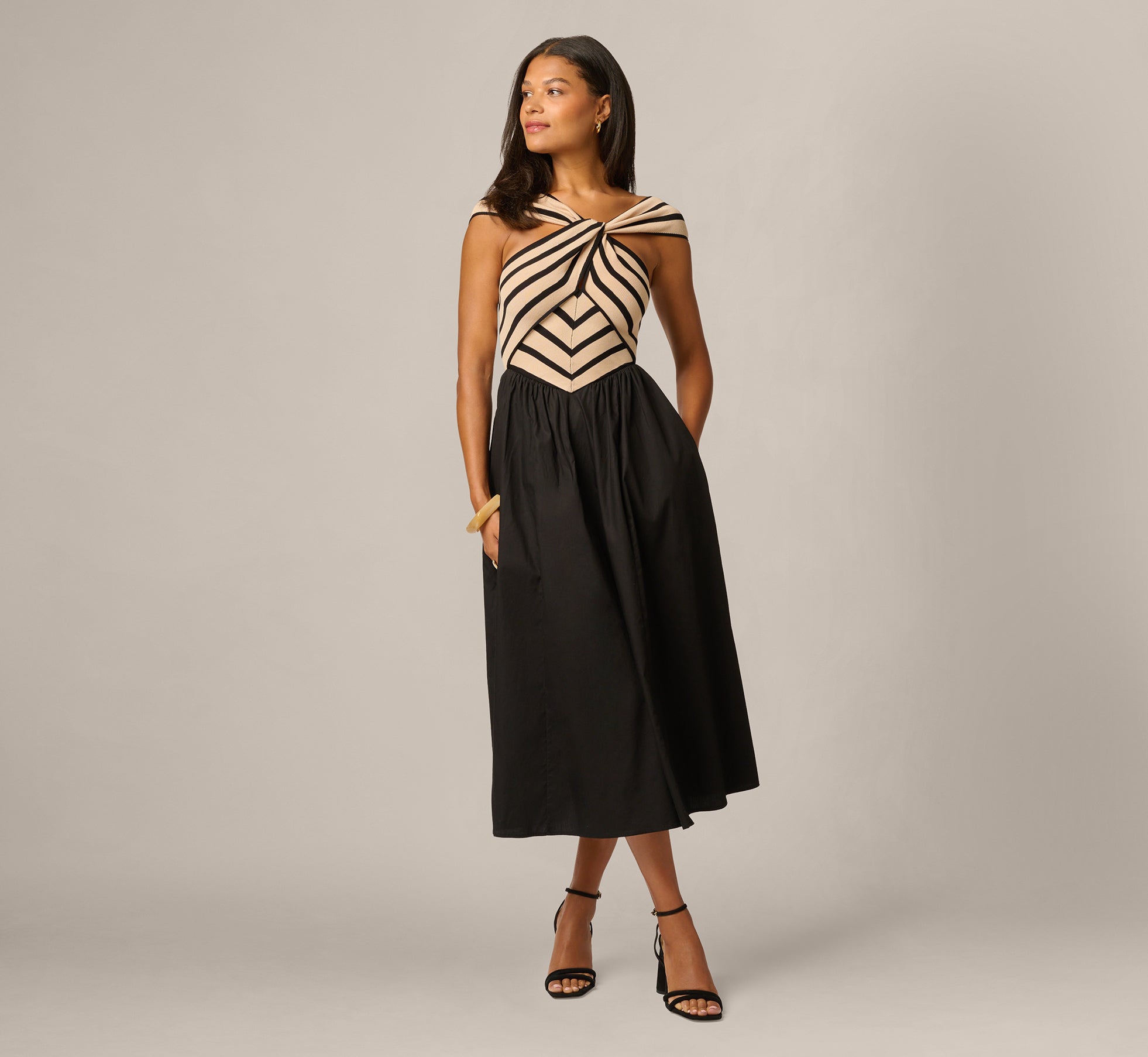Off Shoulder Chevron Cotton Combo Midi Dress In Black Ecru 1