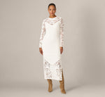 Long Sleeve Lace Illusion Corduroy Midi Dress In Ivory 2