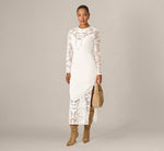 Long Sleeve Lace Illusion Corduroy Midi Dress In Ivory 1