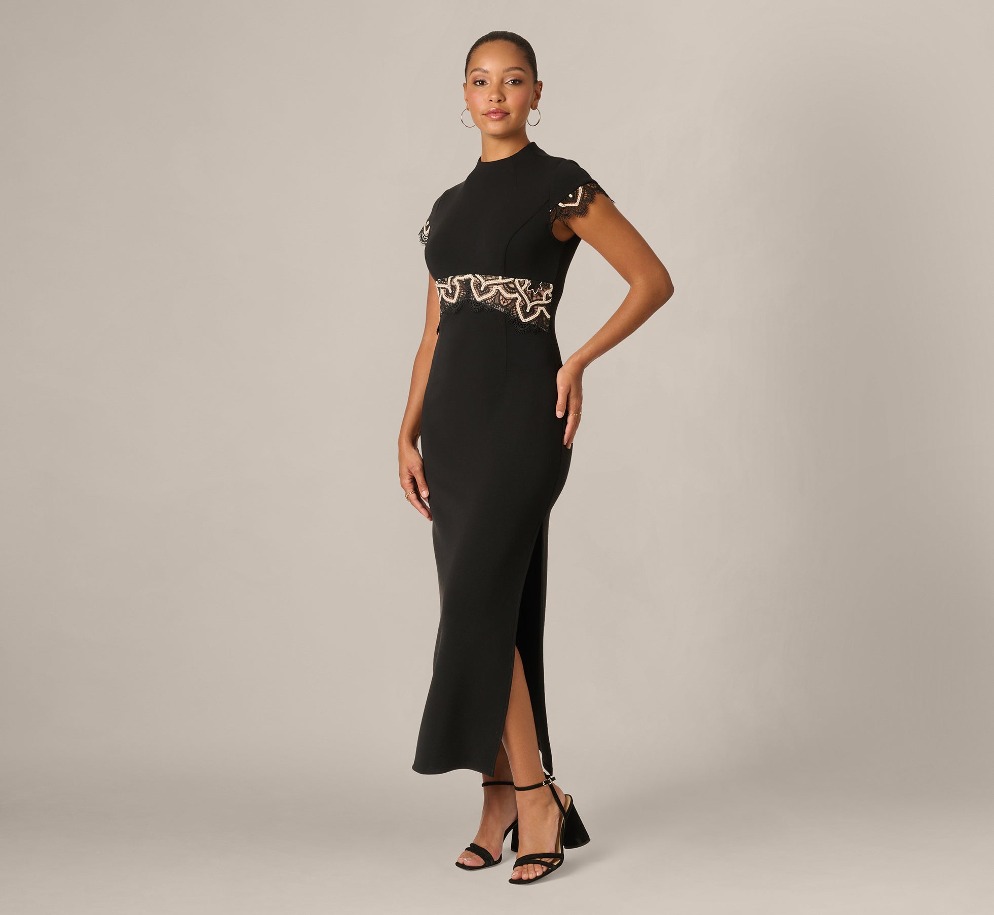 Cap Sleeve Crochet Lace Inset Stretch Dress In Black Ecru 1