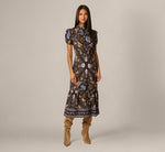 Short Sleeve Floral Scarf Print Ruffle Midi Dress In Brown Multi 2
