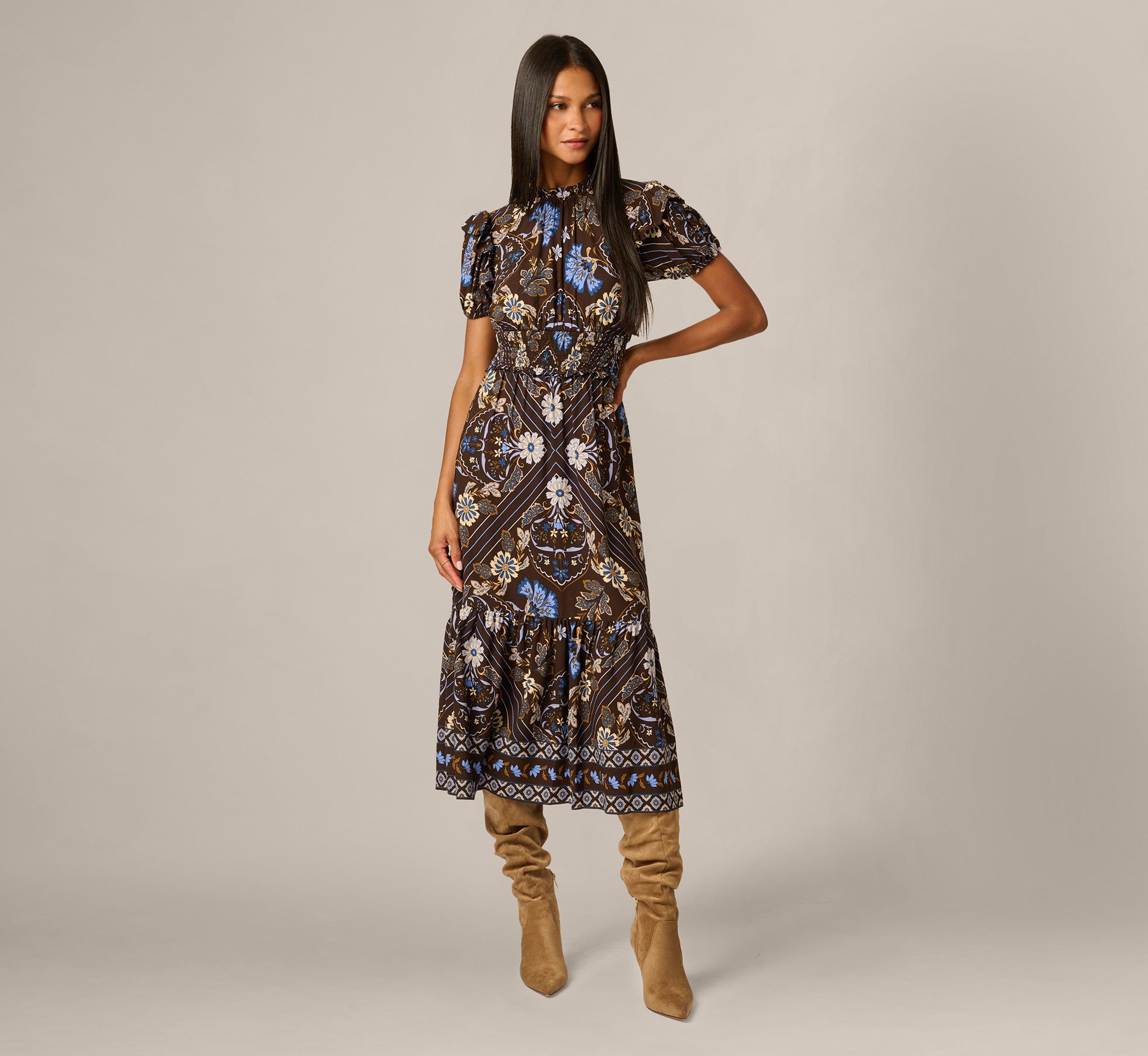 Short Sleeve Floral Scarf Print Ruffle Midi Dress In Brown Multi 1