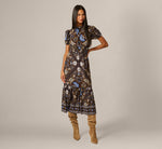 Short Sleeve Floral Scarf Print Ruffle Midi Dress In Brown Multi 1