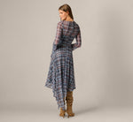 Long Sleeve Plaid Mesh Handkerchief Hem Dress In Navy Multi 5