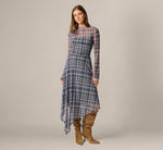 Long Sleeve Plaid Mesh Handkerchief Hem Dress In Navy Multi 2