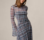 Long Sleeve Plaid Mesh Handkerchief Hem Dress In Navy Multi 4