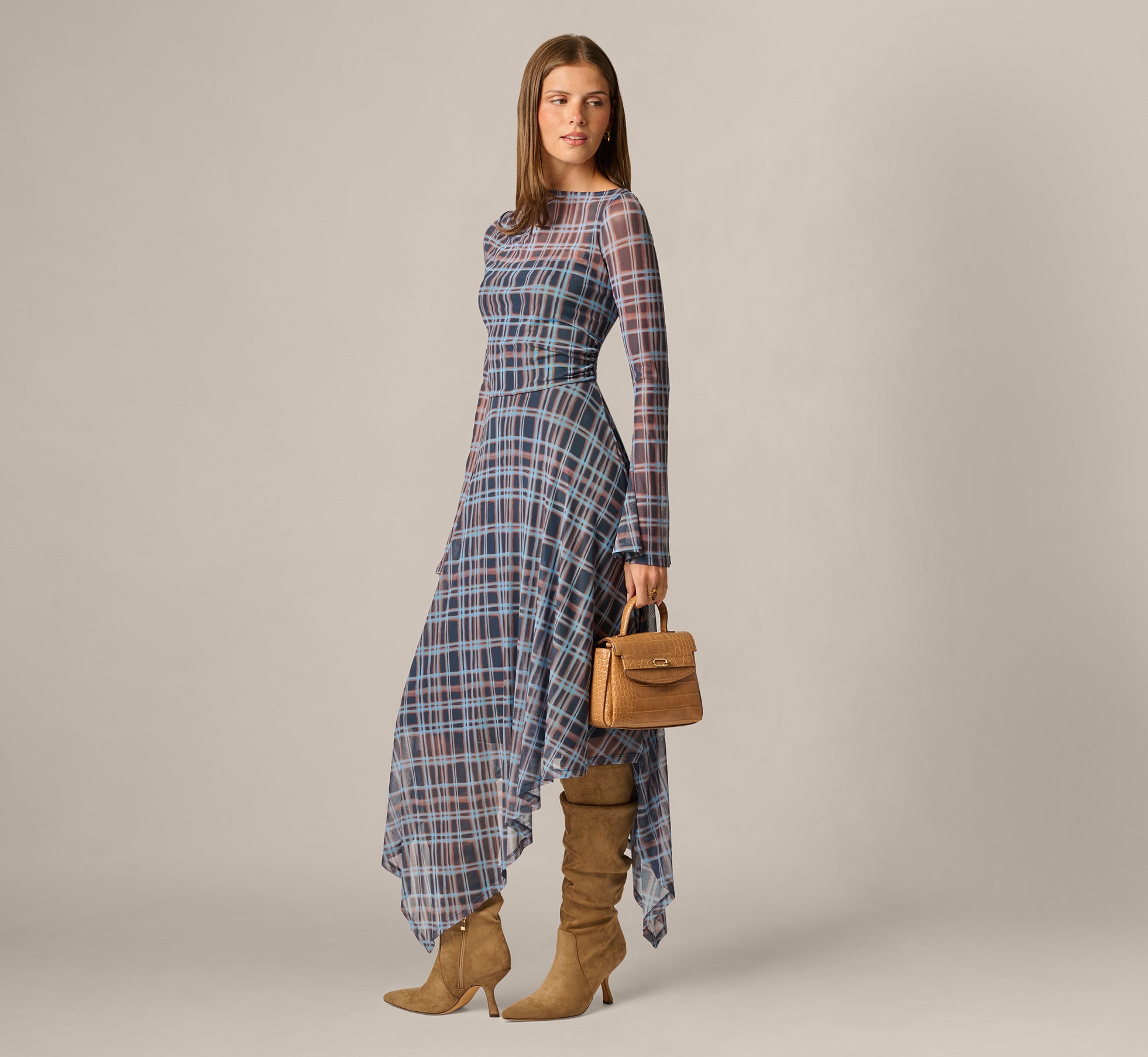 Long Sleeve Plaid Mesh Handkerchief Hem Dress In Navy Multi 1