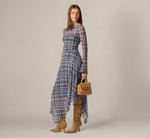 Long Sleeve Plaid Mesh Handkerchief Hem Dress In Navy Multi 1
