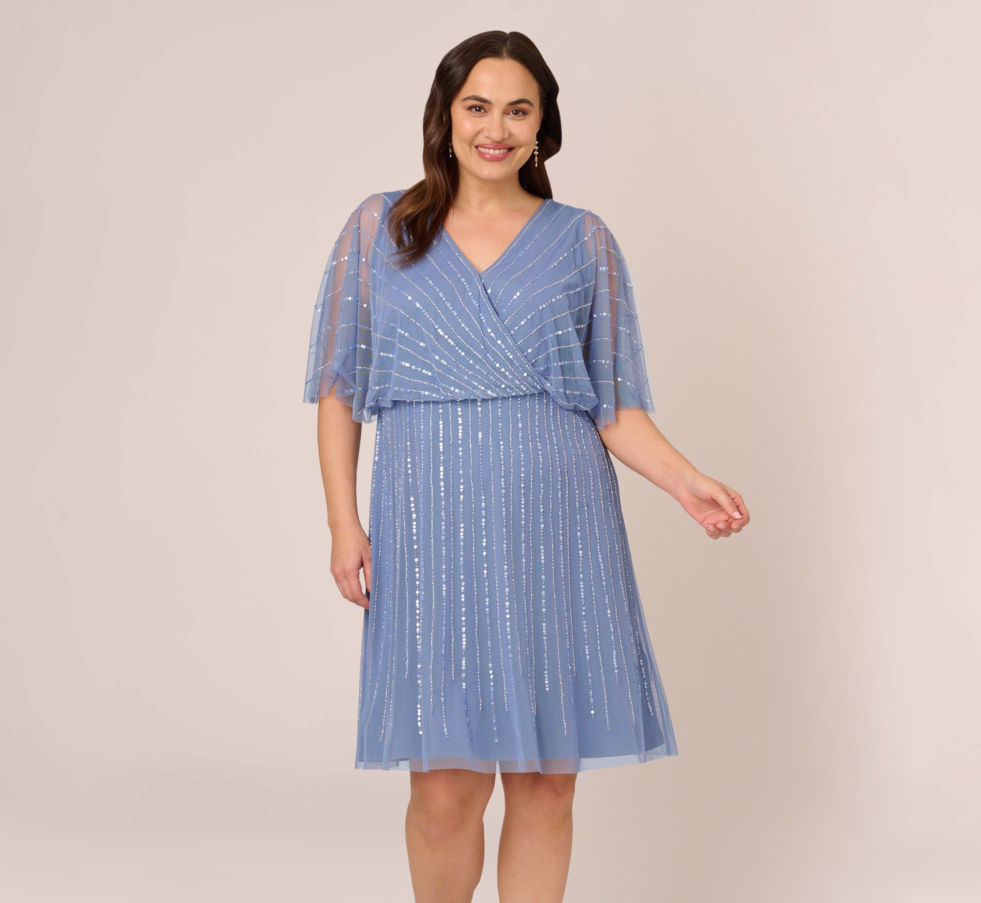 Adrianna Papell Plus Size Surplice-Neck Beaded Short Dress - French Blue