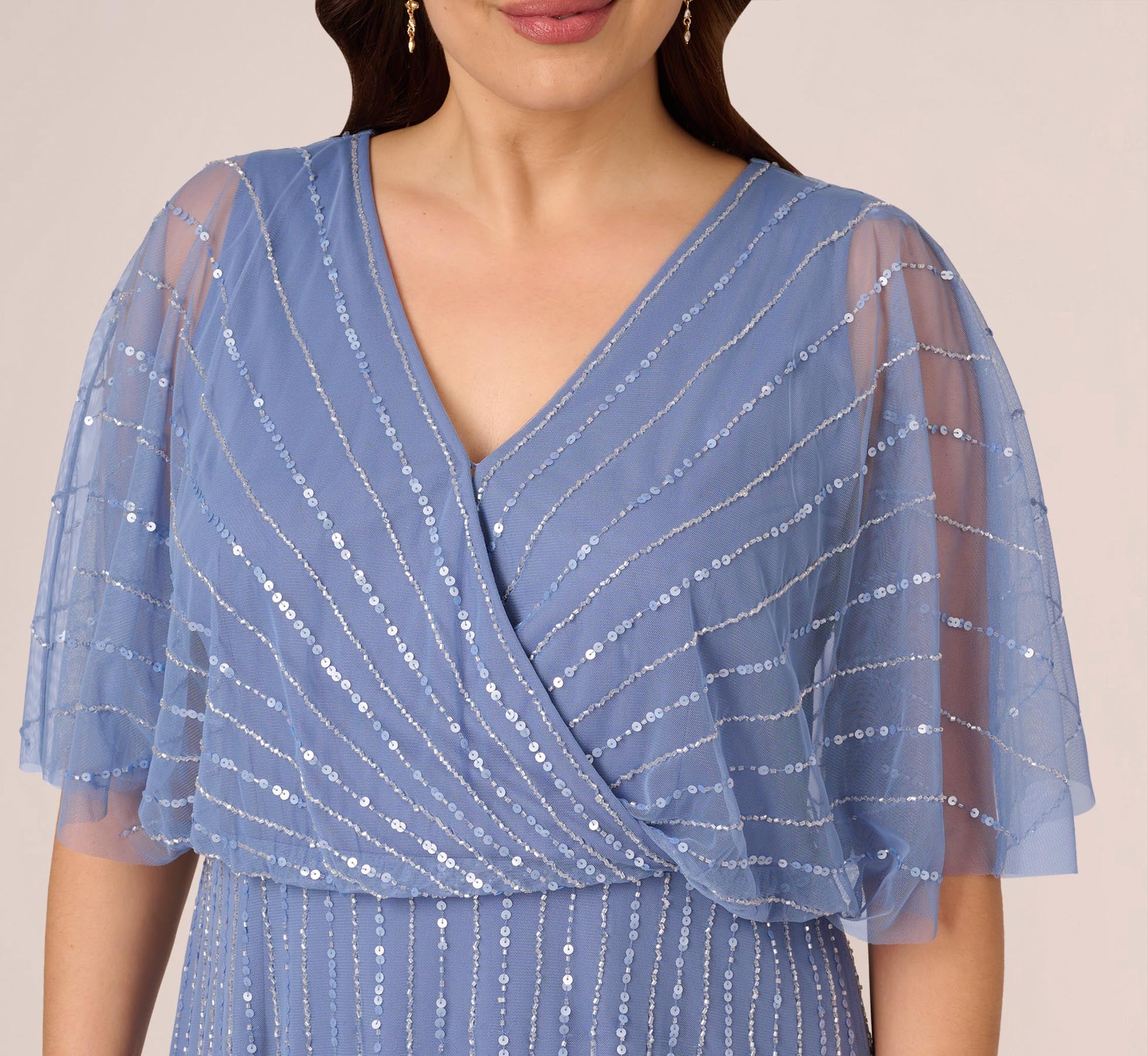 Blue Plus Size Hand Beaded Illusion Faux Wrap Short Cocktail Dress ...