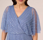Plus Size Hand Beaded Illusion Faux Wrap Short Cocktail Dress In French Blue 4