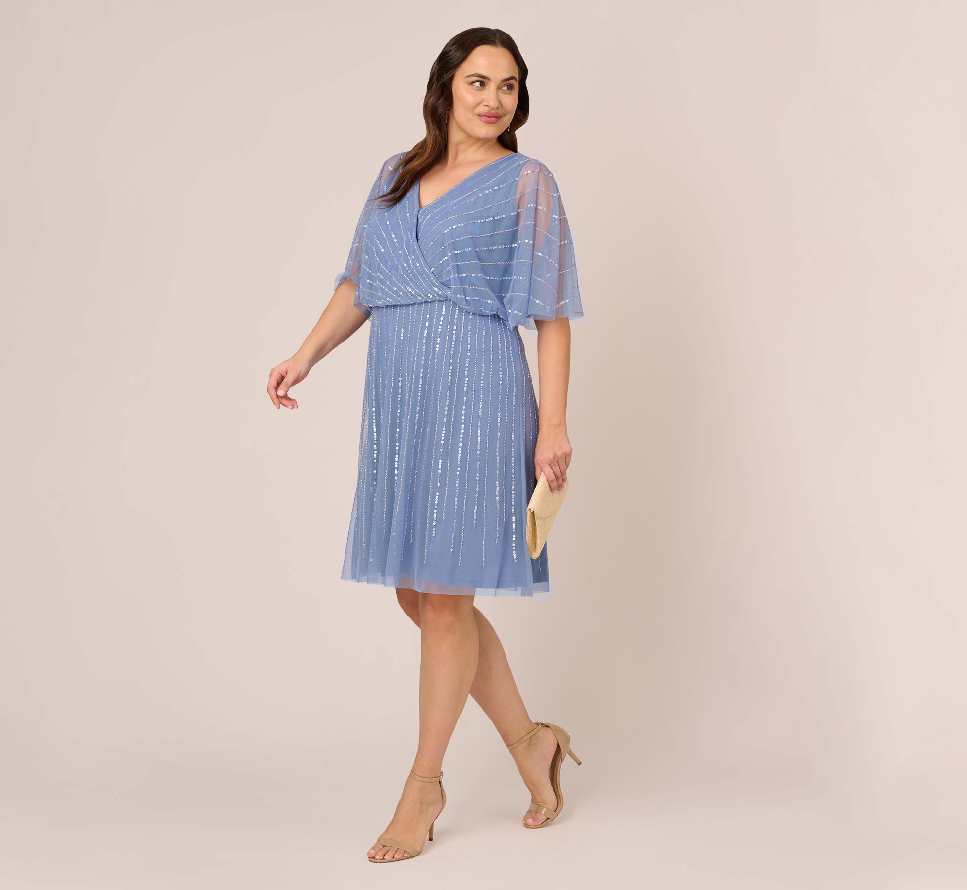 Plus Size Hand Beaded Illusion Faux Wrap Short Cocktail Dress In French Blue 1