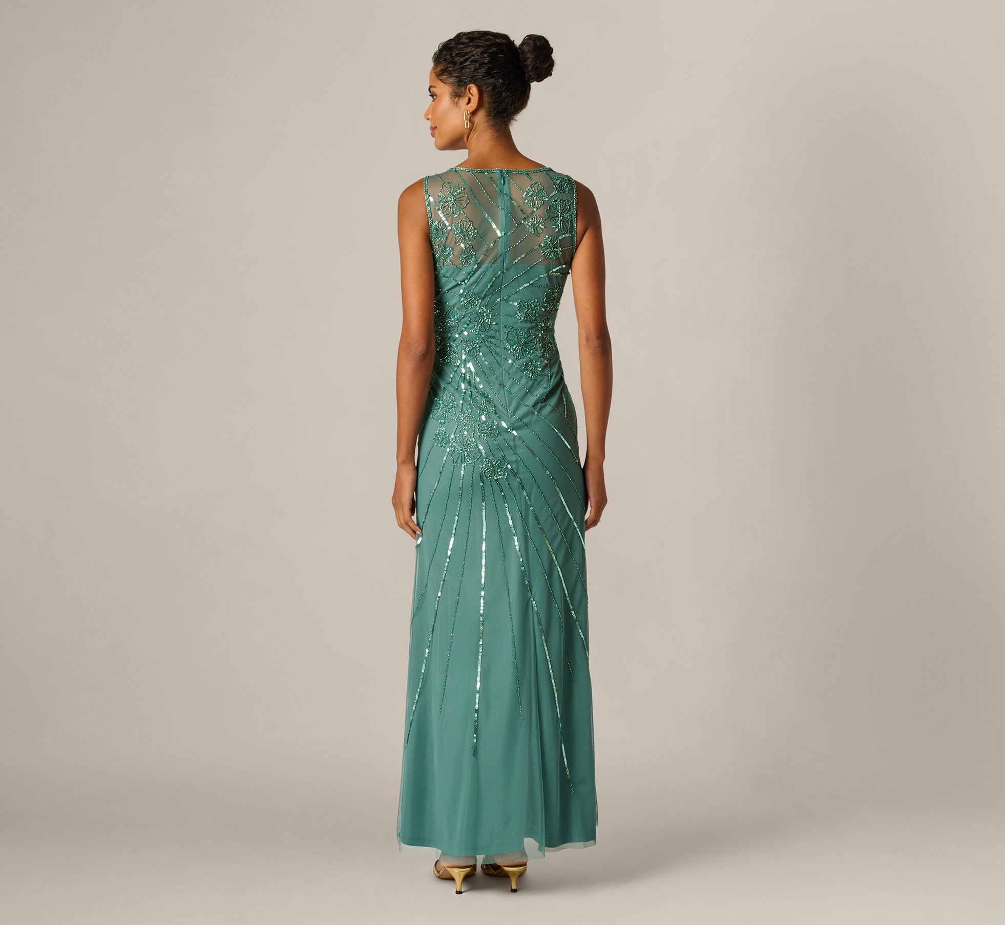 Womens Adrianna Papell Green Studio Beaded Mesh Long Dress US 4