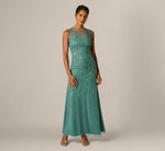 Floral Beaded Illusion Mermaid Gown In Green Slate 2