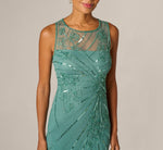 Floral Beaded Illusion Mermaid Gown In Green Slate 4