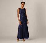 Floral Beaded Illusion Mermaid Gown In Light Navy 2