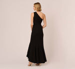 One Shoulder Ruffled Crepe Gown With Beaded Accent In Black 5