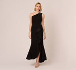 One Shoulder Ruffled Crepe Gown With Beaded Accent In Black 2