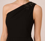 One Shoulder Ruffled Crepe Gown With Beaded Accent In Black 3