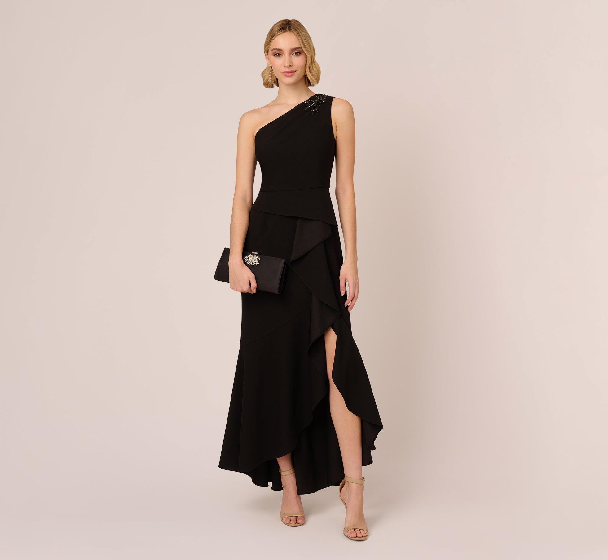One Shoulder Ruffled Crepe Gown With Beaded Accent In Black 1