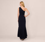 One Shoulder Ruffled Crepe Gown With Beaded Accent In Midnight 5