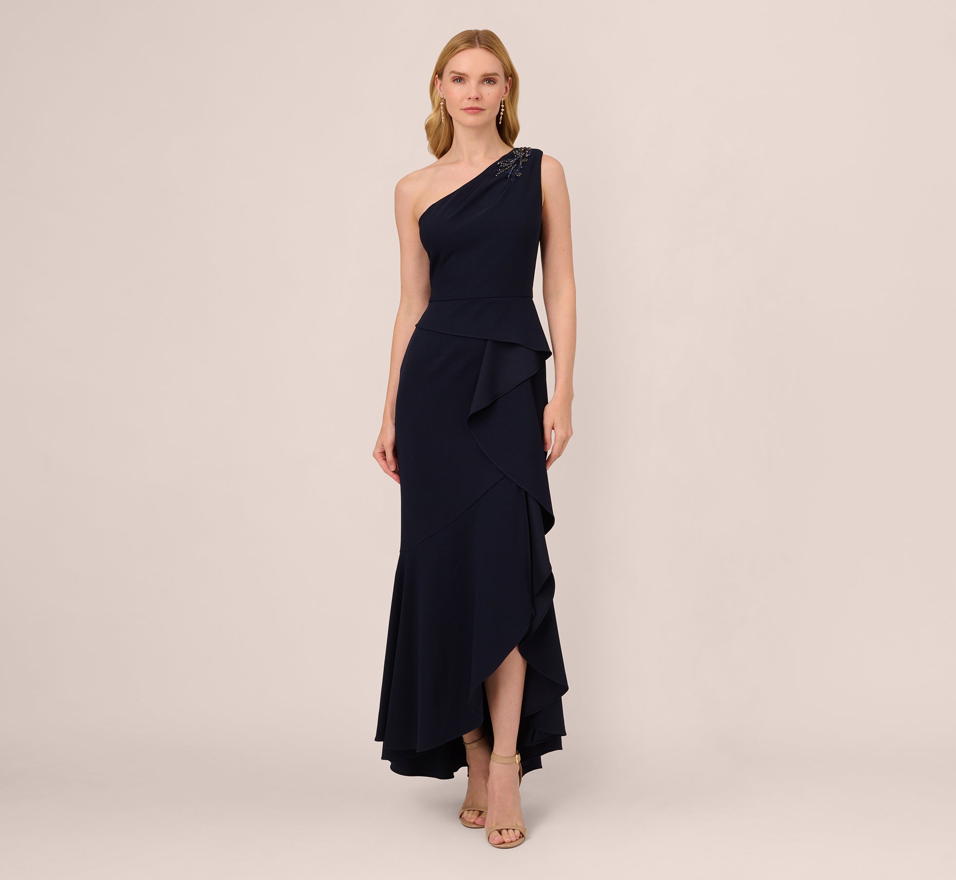 Adrianna Papell Women's Beaded One-Shoulder Gown - Midnight
