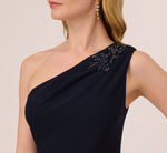 One Shoulder Ruffled Crepe Gown With Beaded Accent In Midnight 3