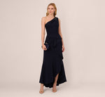 One Shoulder Ruffled Crepe Gown With Beaded Accent In Midnight 1